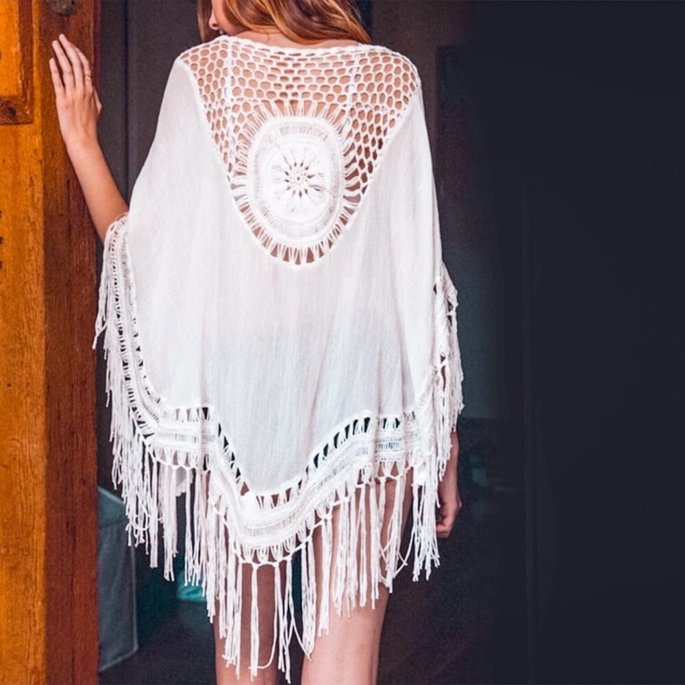 Crochet Medallion Tassel Kimono Top Ivory - Picture 2 of 4